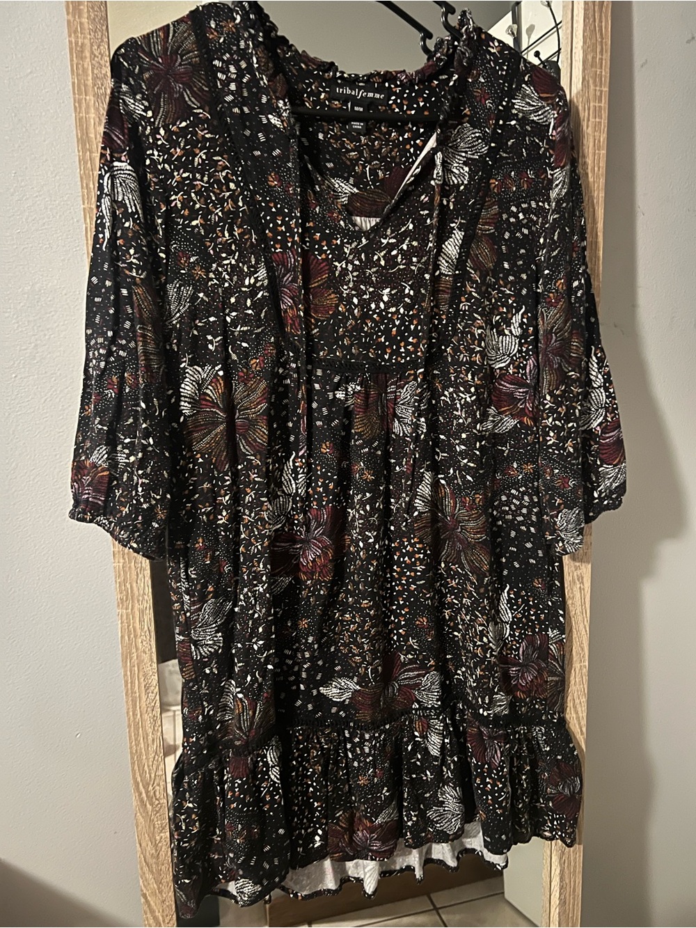 Tribal Black Floral Ruffled Mini Dress with Burgundy & White Accents